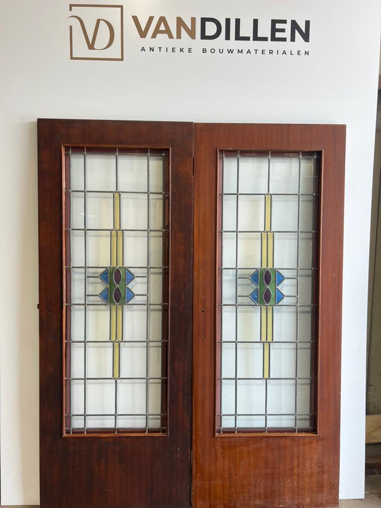 Antieke set deuren glas in lood openslaand 201 x 78, Doe-het-zelf en Verbouw, Deuren en Horren, 120 cm of meer, Binnendeur, Ophalen of Verzenden