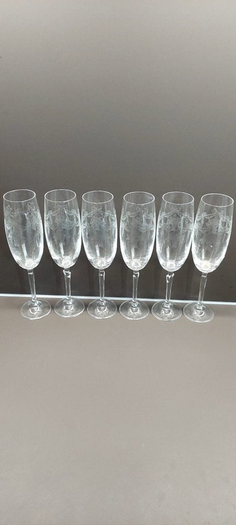 6 vintage kristallen champagne glazen met gravure (23 cm), Antiek en Kunst, Ophalen of Verzenden