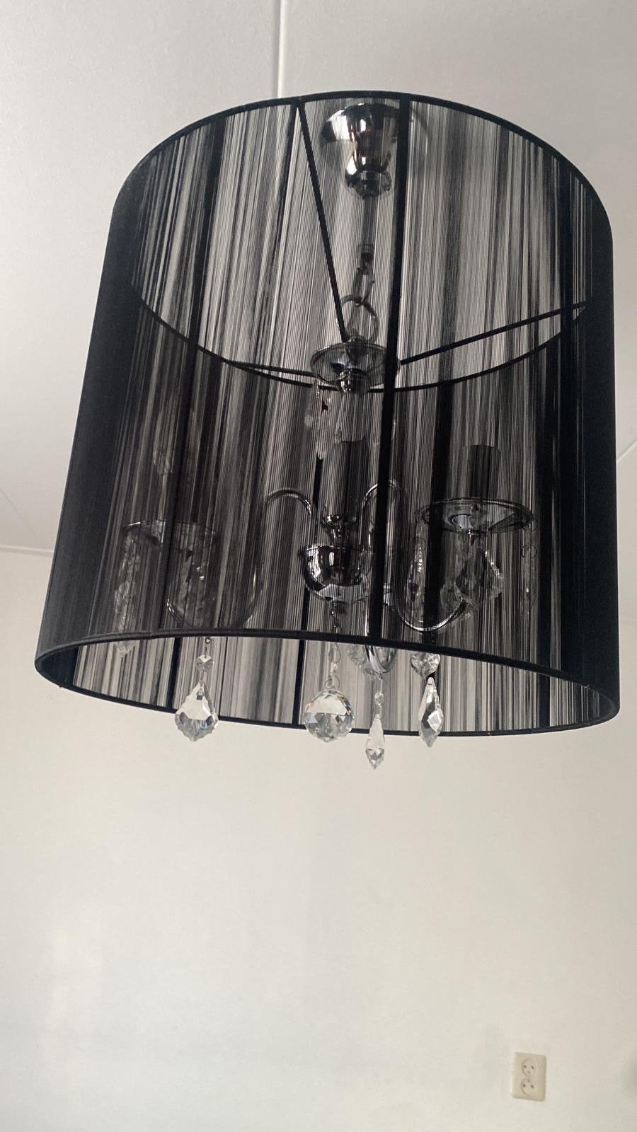 Zwarte hanglamp met kristallen en stoffen kap, Ophalen of Verzenden, Zo goed als nieuw, Textiel, E14 (klein)
