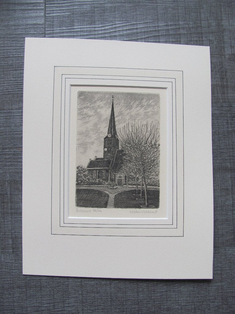 Rijswijk - ets van Willem Veldhorst, Antiek en Kunst, Origineel, Stadsgezicht, Ophalen of Verzenden, 12 cm