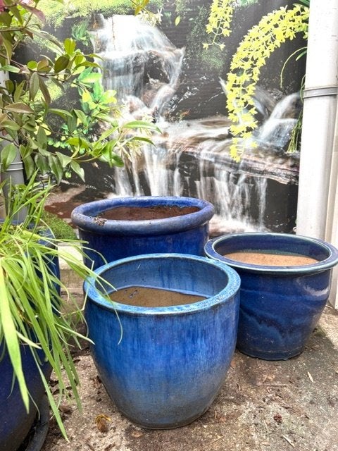 Blauwe keramiek plantenpotten geglazuurd buitenpot plant 3x, Rond, Zo goed als nieuw, Minder dan 40 cm, Ophalen