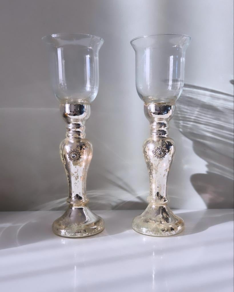 Set van 2 zilverglas theelichthouders, Ophalen of Verzenden, Nieuw, Overige materialen, Minder dan 25 cm