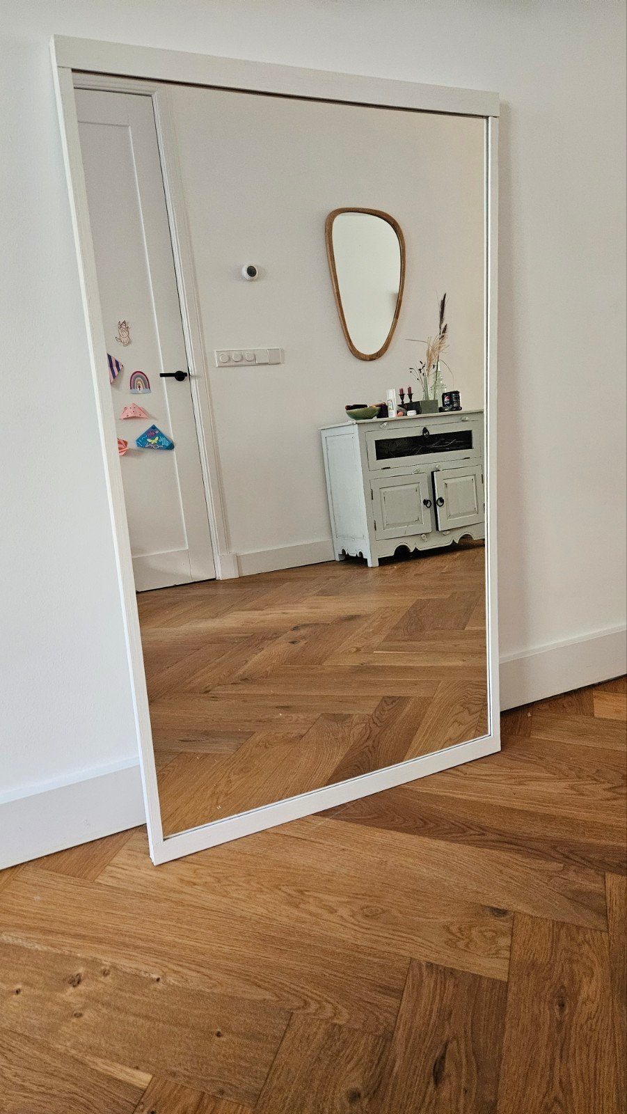 Grote rechthoekige wit houten spiegel 117x70cm, Ophalen, Minder dan 50 cm, Zo goed als nieuw, Minder dan 100 cm