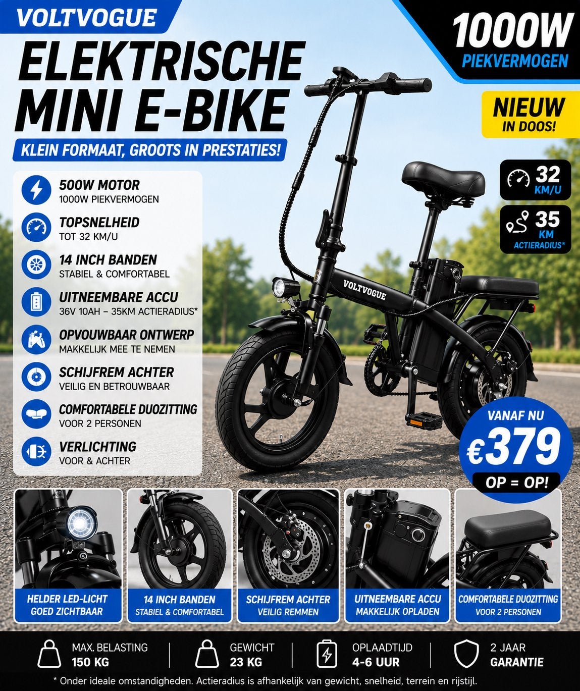 Krachtige Elektrische E-bike 1000W Piek – 32 km/u – Nieuw, 14 tot 16 inch, Nieuw, Ophalen of Verzenden, Deels opvouwbaar