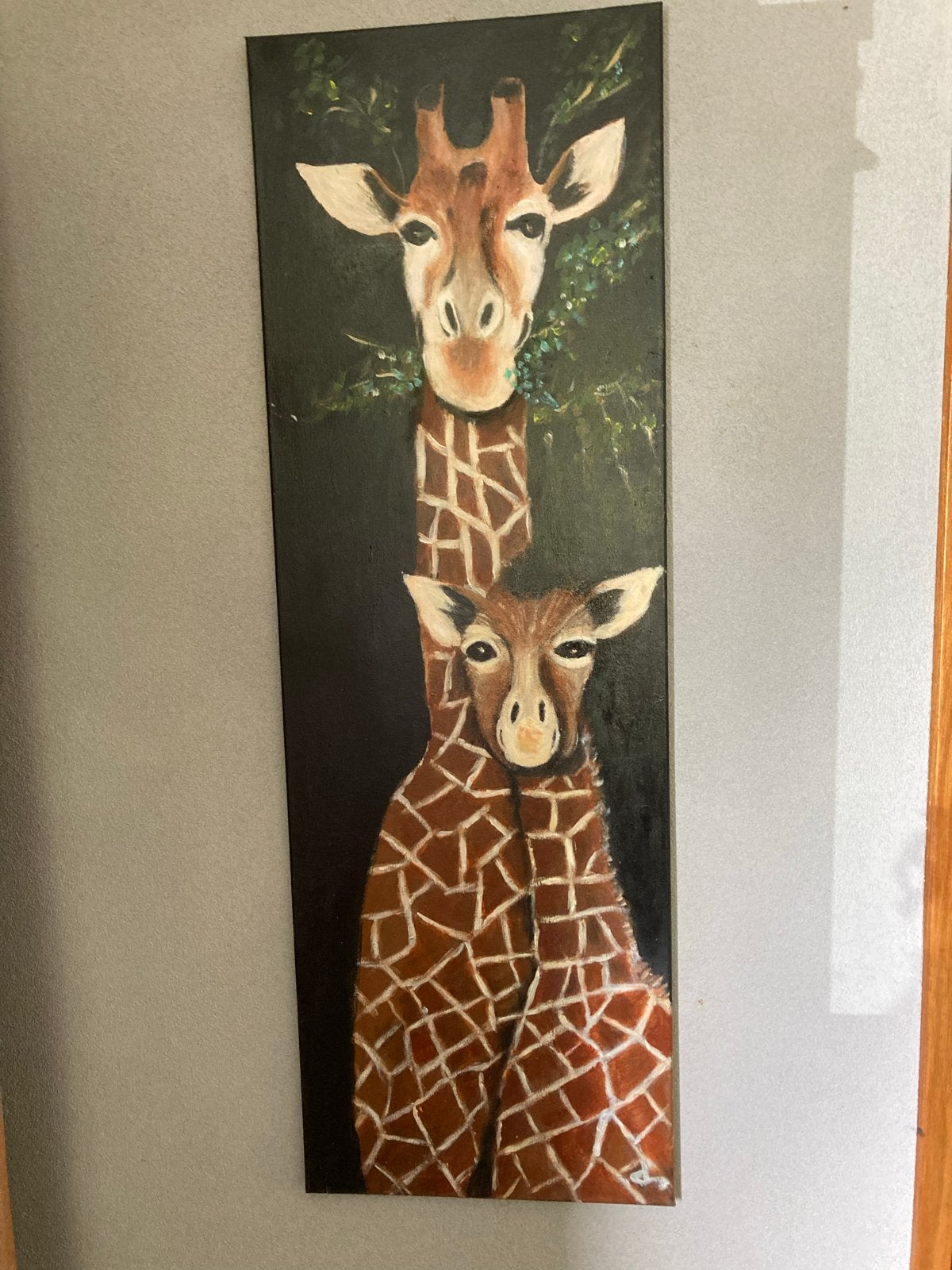 Schilderij Giraffe met baby - Handgeschilderd, Antiek en Kunst, Acrylverf, Hout, Handgeschilderd, Ophalen of Verzenden