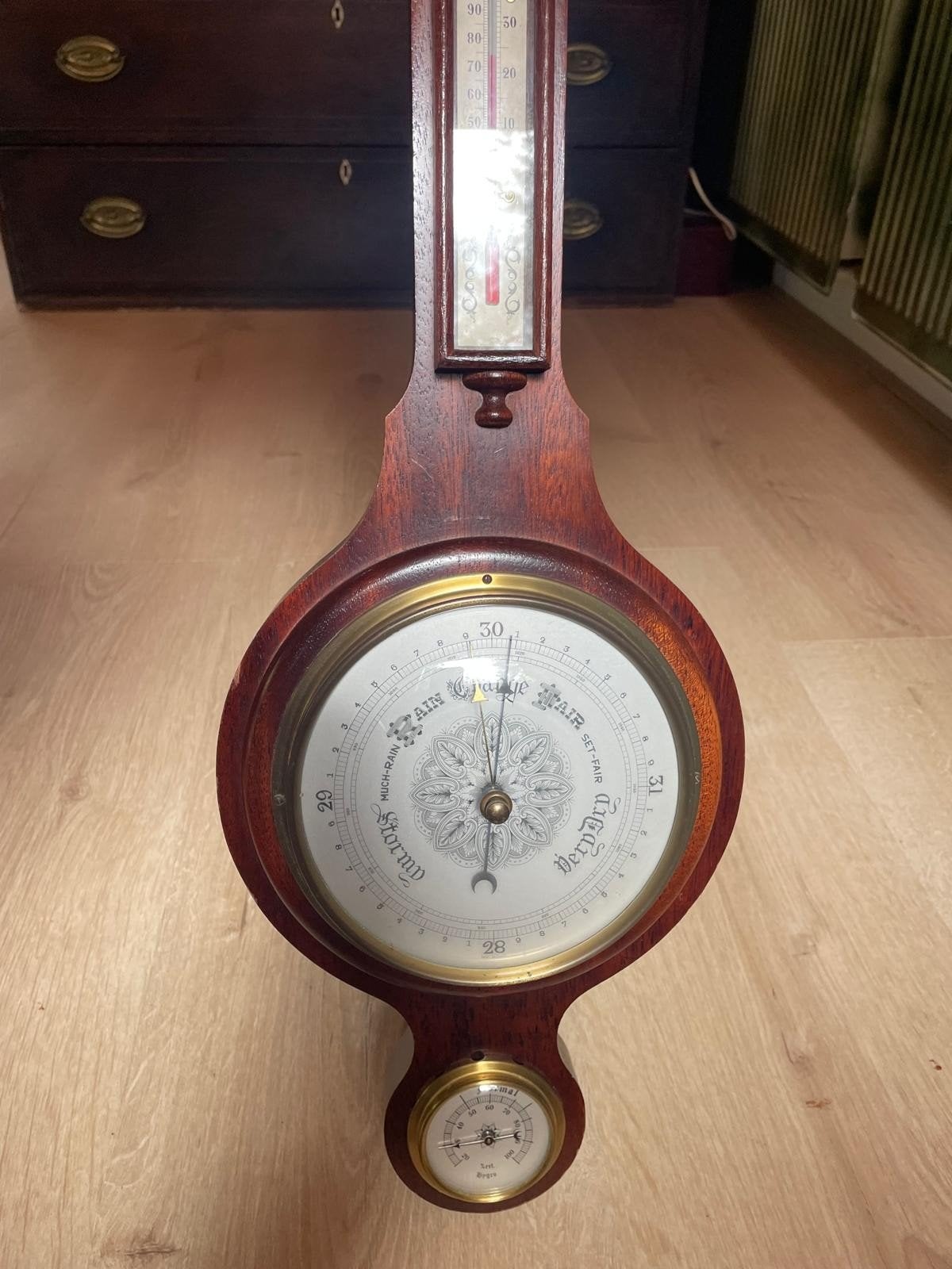 Antieke Hygrometer Klok met Thermometer en Barometer, Ophalen of Verzenden, Gebruikt, Barometer