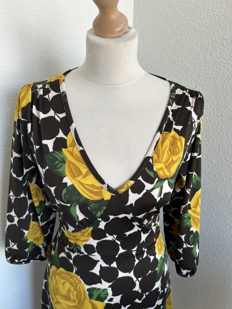 King Louie maat M bruin geel rozen jurkje 1770, Kleding | Dames, Maat 38/40 (M), Bruin, Ophalen of Verzenden, Zo goed als nieuw