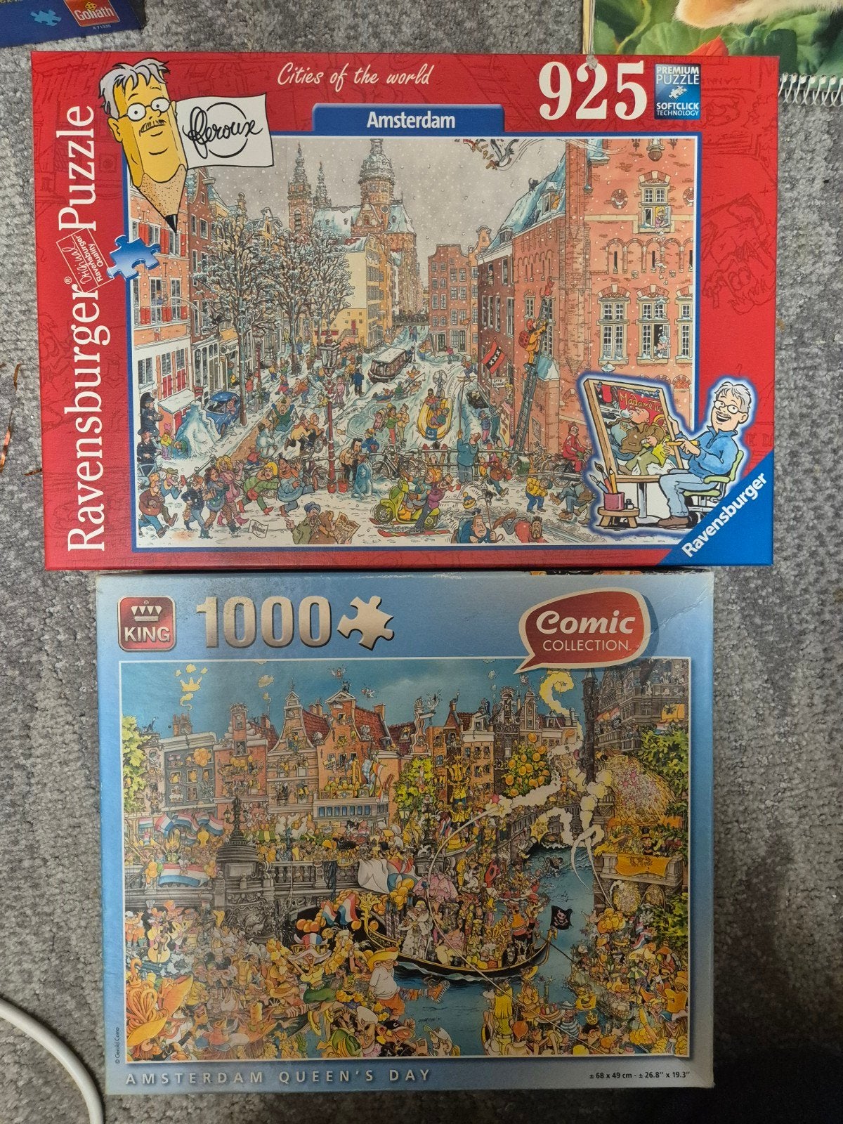 2 Puzzels: Ravensburger Amsterdam & King Queen's Day, Ophalen of Verzenden, 500 t/m 1500 stukjes, Gebruikt, Legpuzzel