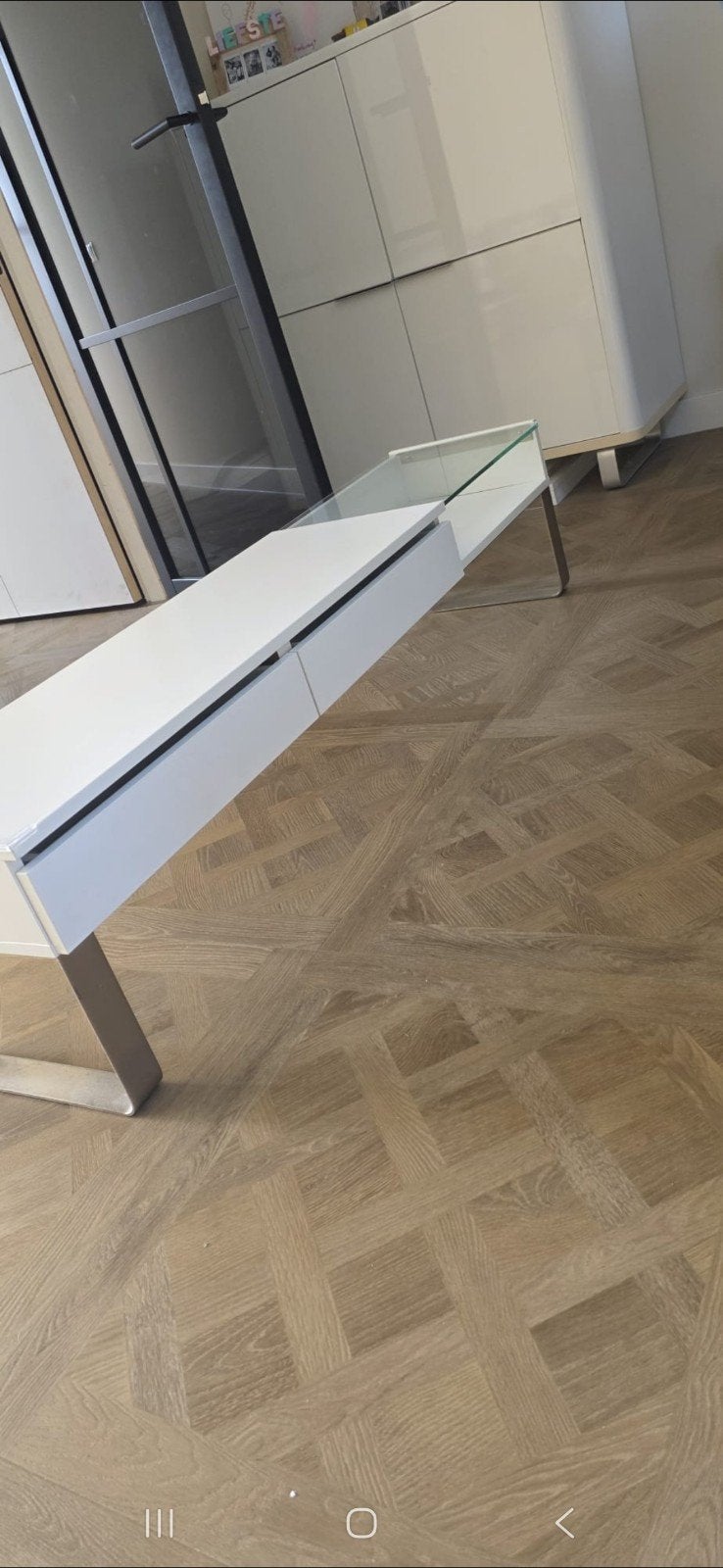 Moderne witte salontafel met glas en lades, Ophalen, Gebruikt, 100 tot 150 cm, 50 tot 100 cm