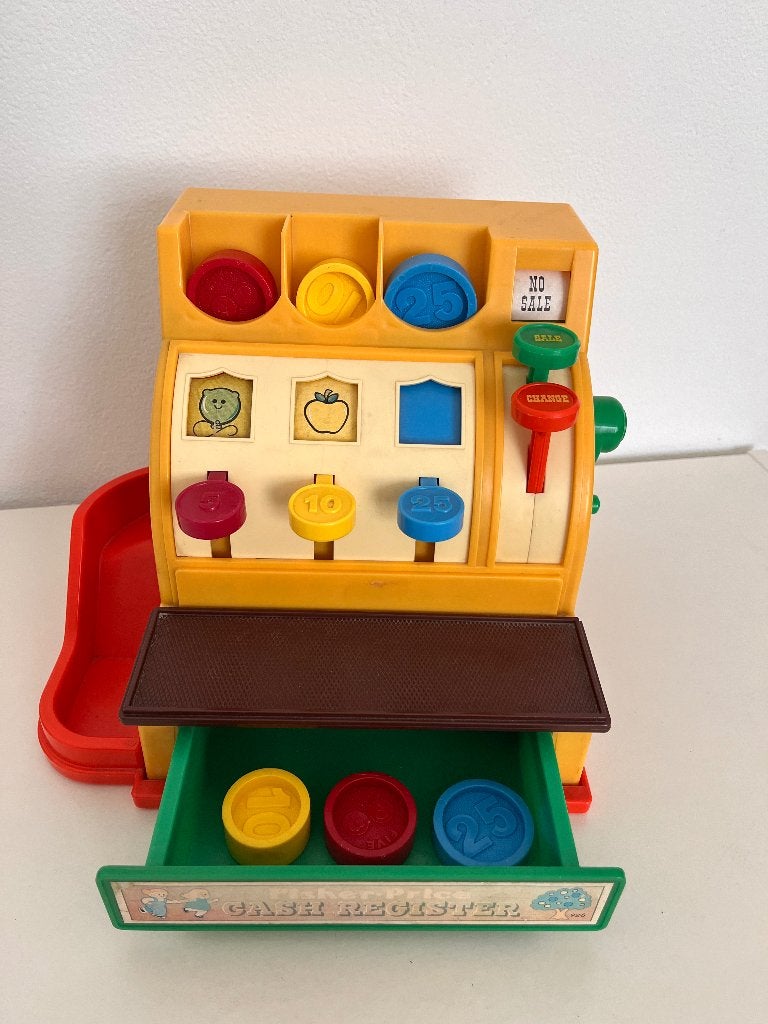 Vintage Fisher-Price Kassa met Munten - Montessori, Ophalen of Verzenden, Gebruikt, Speelset