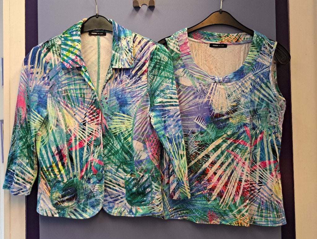 Frank Walder set: Blazer + top print blauw paars M nr 43068, Maat 38/40 (M), Frank Walder, Blauw, .