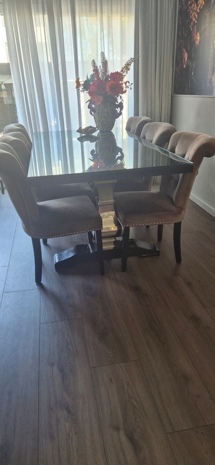 Eettafel met visgraat blad (exclusief stoelen), Overige houtsoorten, Gebruikt, 100 tot 150 cm, Ophalen of Verzenden