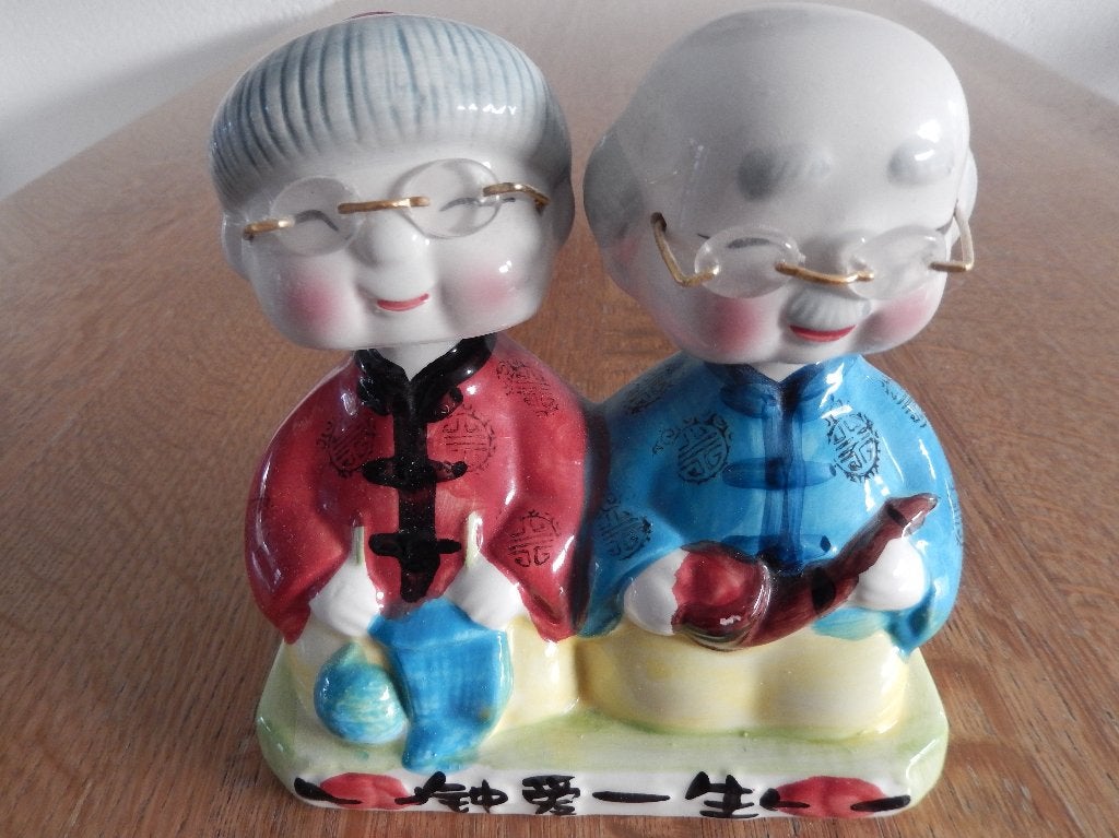 Vintage bobblehead aardewerk Aziatisch oud echtpaar, Ophalen of Verzenden, Zo goed als nieuw, Mens