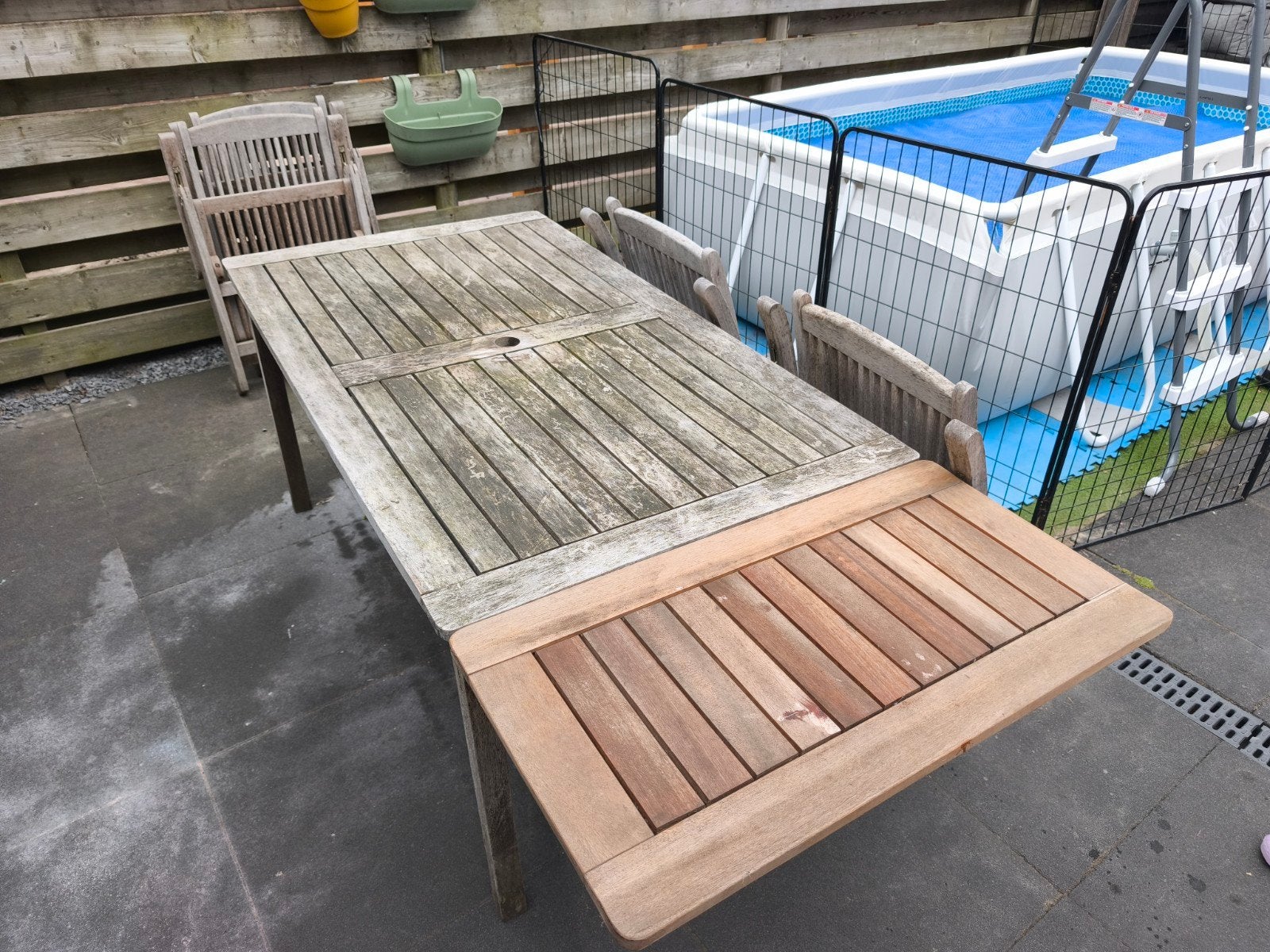 Teak tuinset met 6 stoelen en 2 verlengstukken, Ophalen, Gebruikt, Rechthoekig, Teakhout