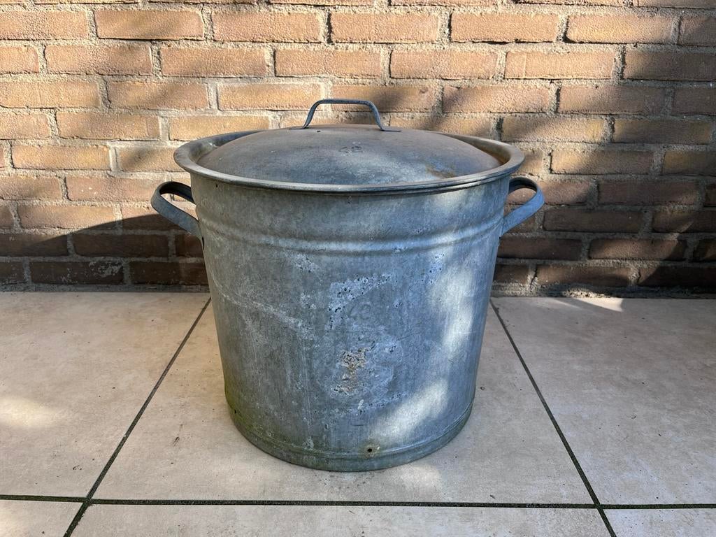 Grote zinken emmer, wasketel, maat 42, met deksel, Antiek en Kunst, Curiosa en Brocante, Ophalen