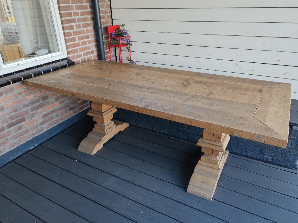 Kloostertafel binnen/buiten, eiken, Huis en Inrichting, Tafels | Eettafels, Ophalen, Gebruikt, Eikenhout, 200 cm of meer