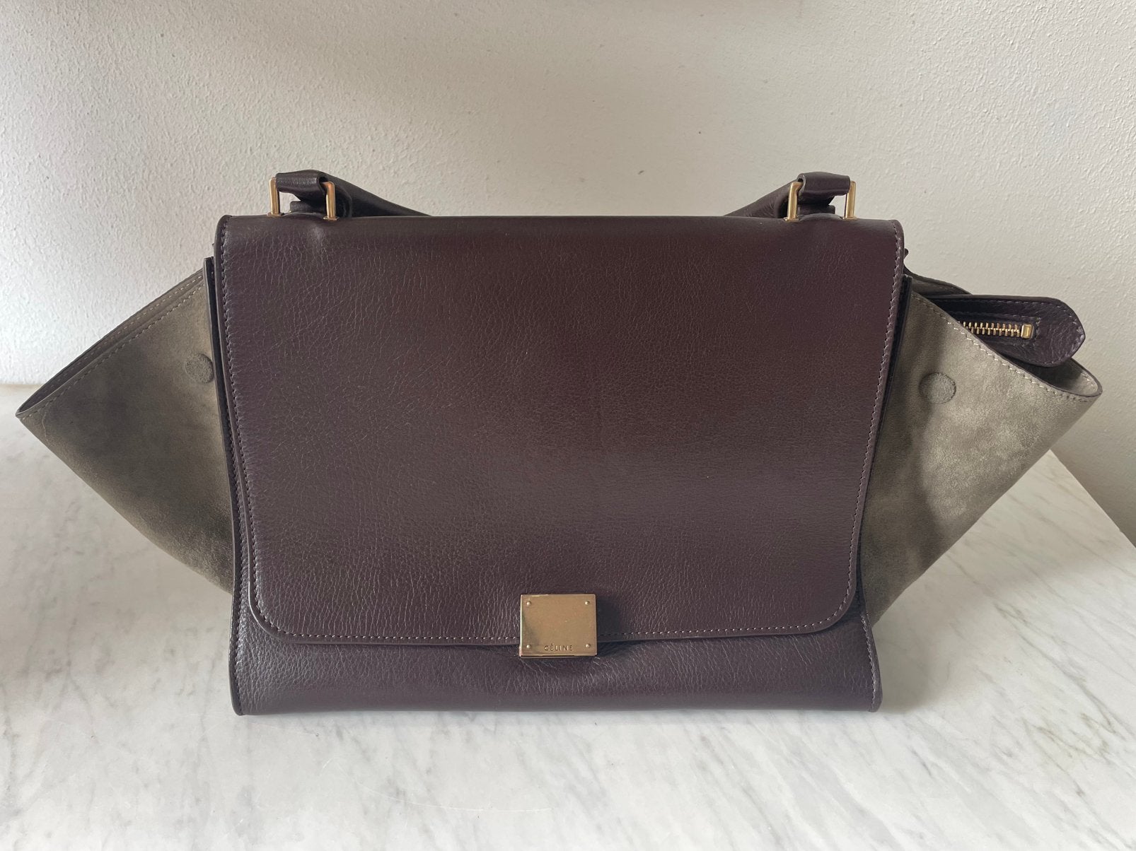 Handtas, Celine, tweekleurig, leer, suede, Verzenden, Zo goed als nieuw, Bruin, Handtas
