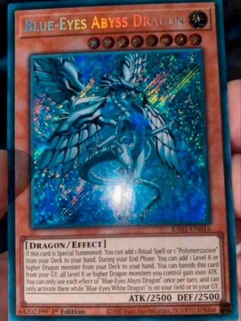 Yu-Gi-Oh! Blue Eyes Abyss Dragon RA01 1st Ed M/NM !, Ophalen of Verzenden, Zo goed als nieuw, Losse kaart, Foil
