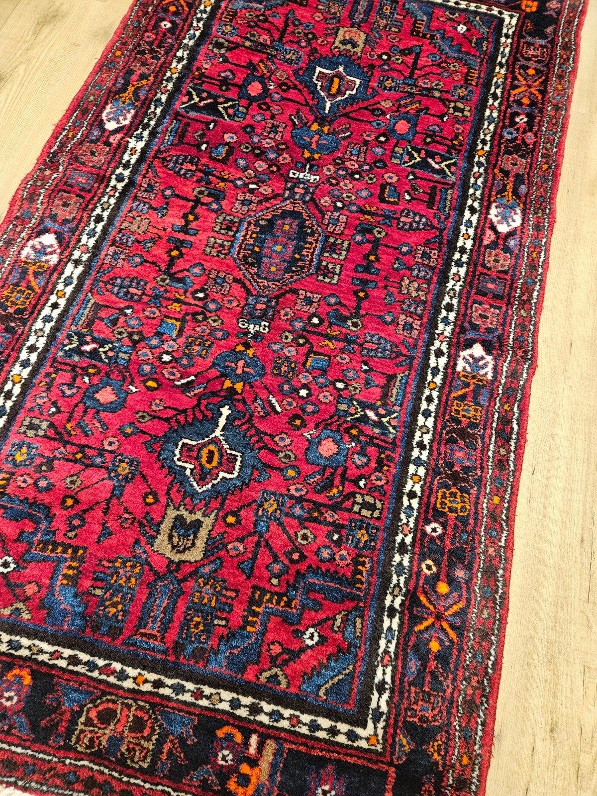 Vintage handgeknoopt perzisch tapijt hamadan 196x106, Info@SlatsAntiek.nl, Tweedehands, 100 tot 150 cm, Perzisch