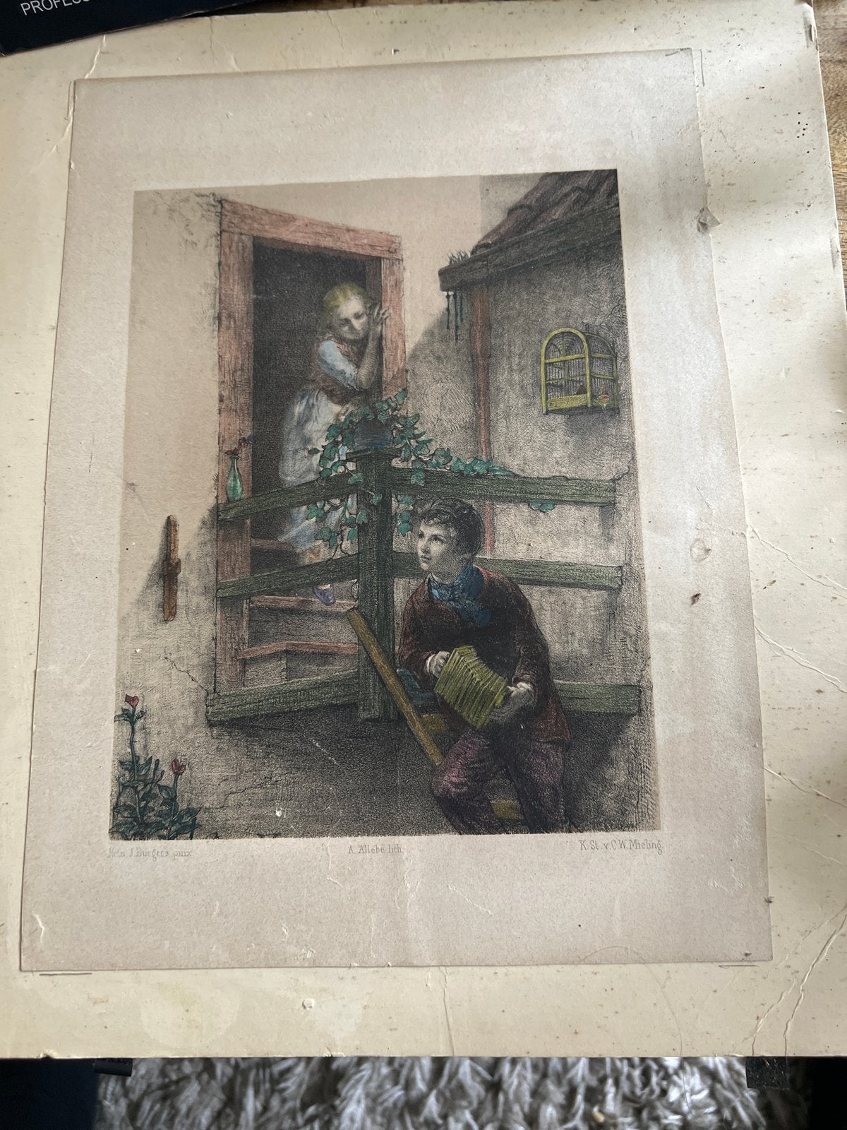 Antieke Lithografie: Jongen met Meisje op Balkon, K.St.v.C.W, Dagelijks leven, 1800 - 1899, Ophalen of Verzenden, Gesigneerd