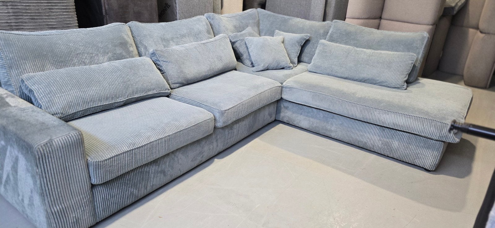 XXL Hoekbank Ribstof Blauw/Grijze Kleur - Professioneel Gere, Huis en Inrichting, Modern, Comfortabel, Gebruikt, 100 tot 125 cm