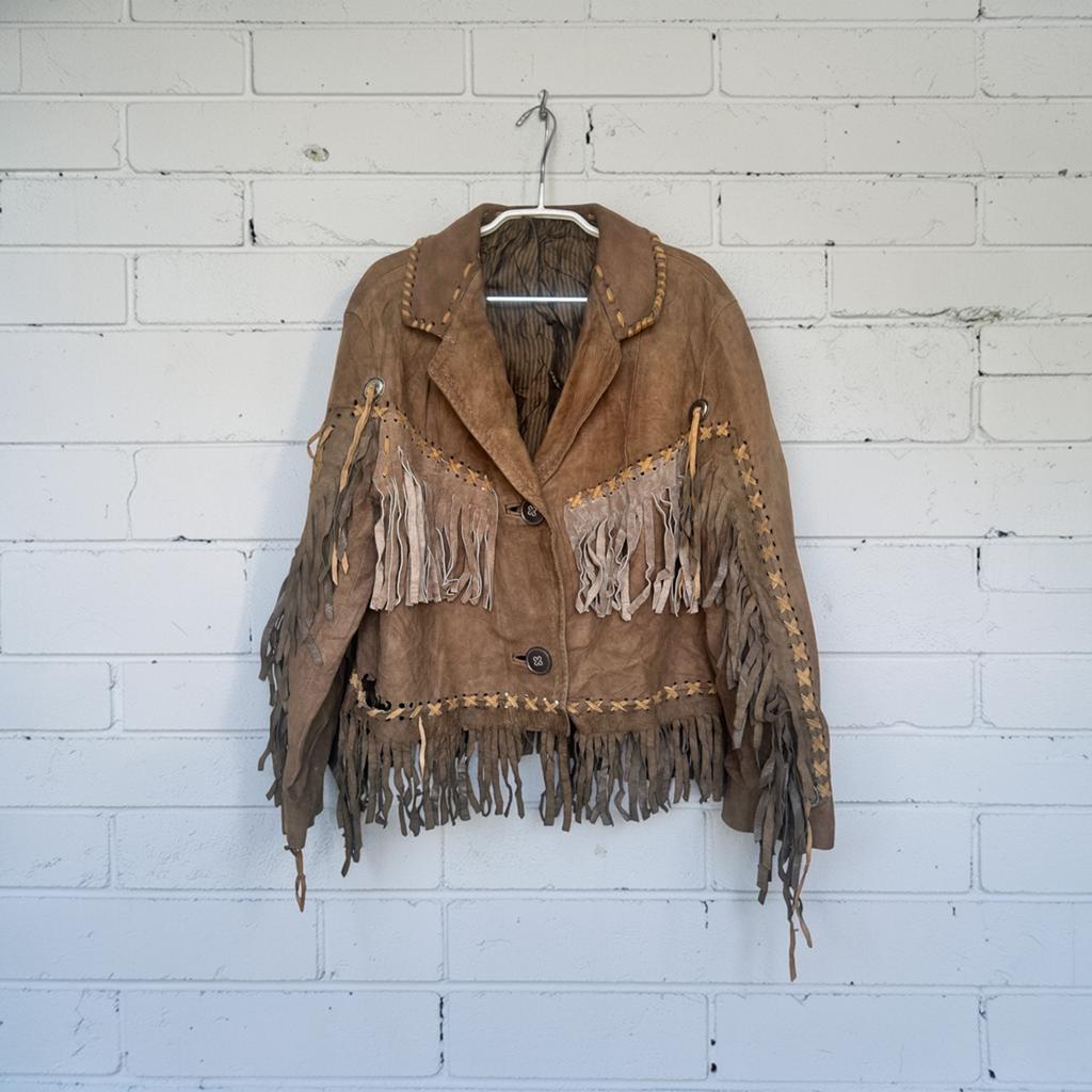 Vintage Jas Maat L Bruin Leer Franjes Cowboy Western Style, Bruin, Verzenden, Maat 42/44 (L), V