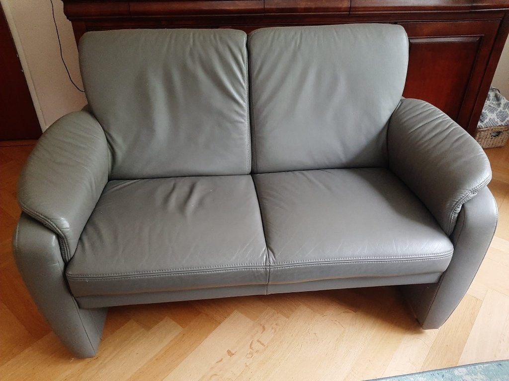 Bank 2 zits grijs leer, Ophalen, Gebruikt, Tweepersoons, 200 tot 250 cm