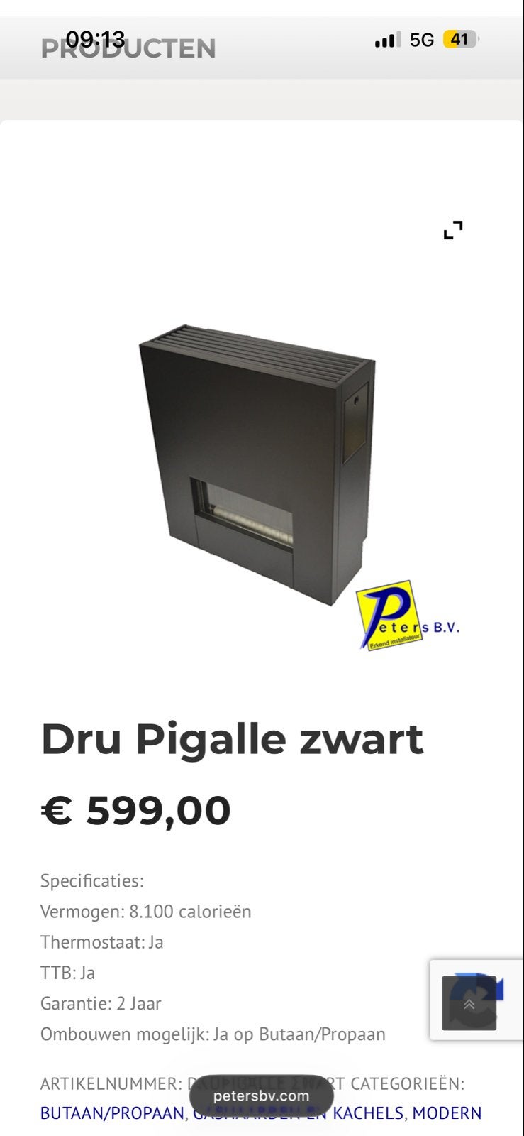 DRU Pigalle Zwart Gaskachel - 8.100 calorieën, Gebruikt, Gas, Ophalen of Verzenden, Vrijstaand