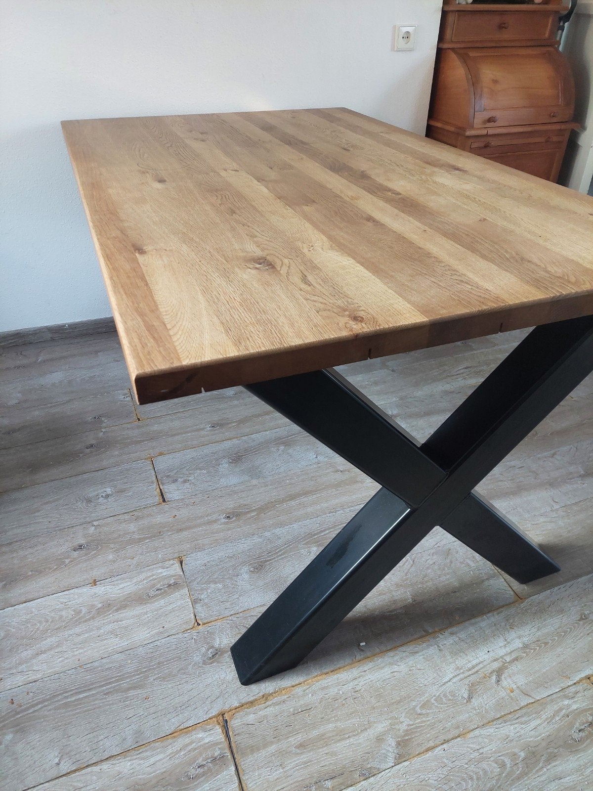 Eikenhouten eettafel met metalen X-poten, Ophalen, Gebruikt, Modern, Industrieel, 50 tot 100 cm