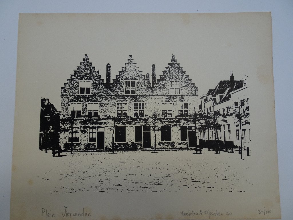 zeefdruk Plein Vierwinden Vlissingen, Meester 1980, 1950 - 1999, Stadsgezicht, Ophalen of Verzenden, Gesigneerd