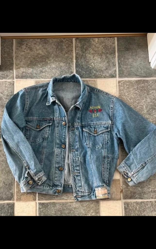 Vintage 90s Y2K Cropped Denim Jas Lichtblauw USA XS/S Spijke, Ophalen of Verzenden, Zo goed als nieuw, Maat 46 (S) of kleiner
