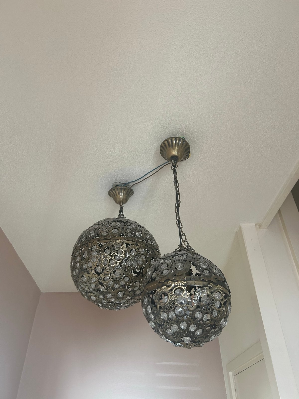 Set van 2 Oosterse hanglampen met kristallen, Ophalen, Gebruikt, Metaal, E27 (groot)