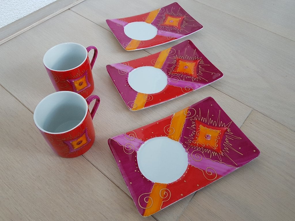 Vrolijk Kop- en Schotelsetje Paars Goudkleurig, Overige merken, Keramiek, Vintage, Nieuw