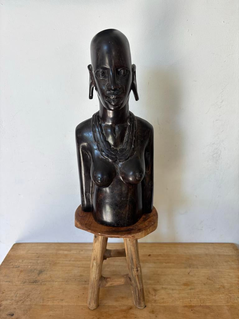 Vintage Afrikaanse buste van vrouw - handgesneden hout, Buste, Ophalen of Verzenden, Handgemaakt, Hout