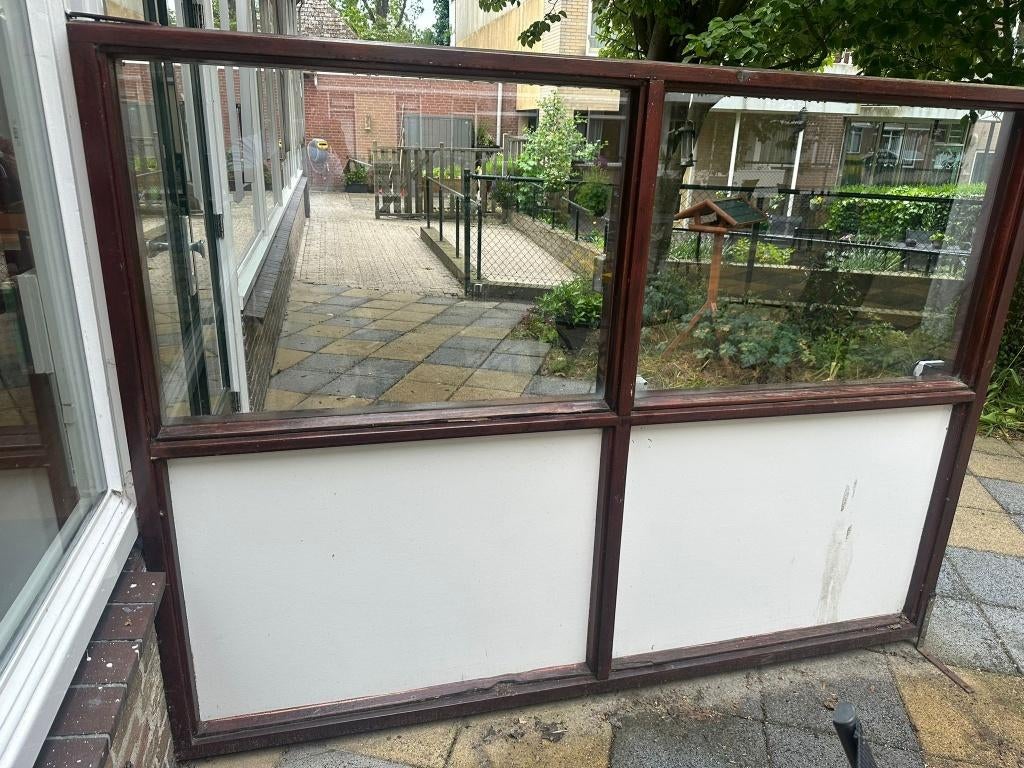 Grote houten glazen wand / serrewand / windscherm, Ophalen, Gebruikt