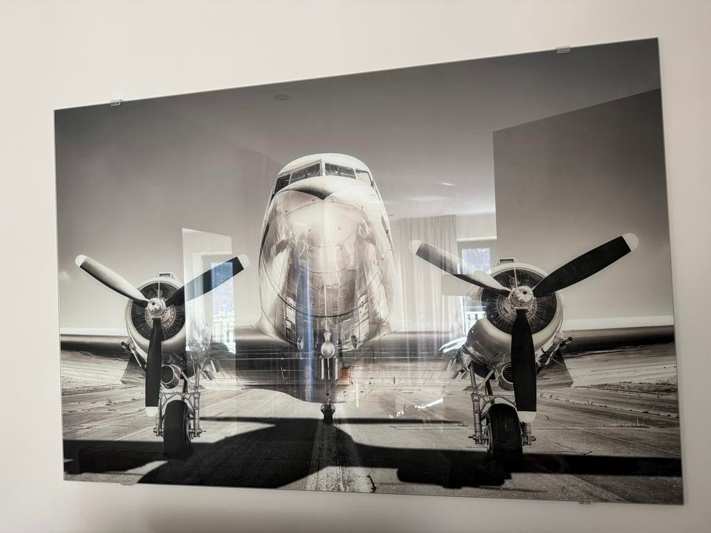 Zwart-wit vliegtuig foto op glas, Ophalen of Verzenden, Zo goed als nieuw, Schilderij, 100 tot 125 cm
