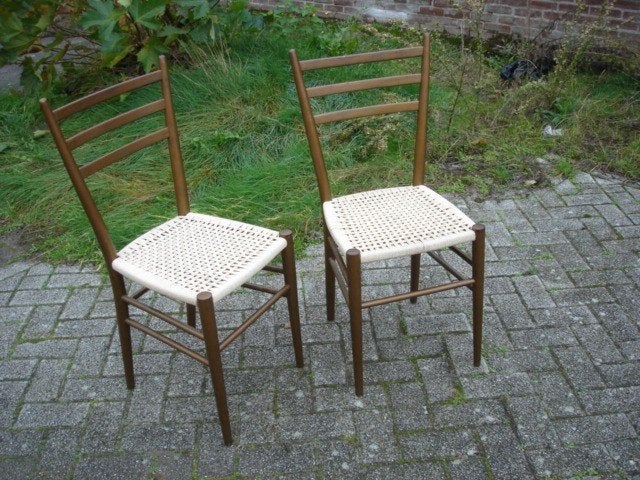 2st VINTAGE HOUTEN STOELEN | GIO PONTI STIJL, Huis en Inrichting, Stoelen, Ophalen, Gebruikt, Bruin, Vier