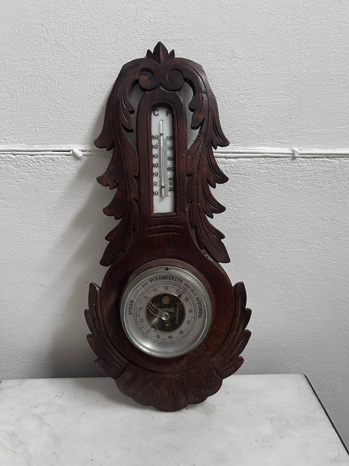 Antieke Barometer en Thermometer in Houten Behuizing, Ophalen of Verzenden, Gebruikt