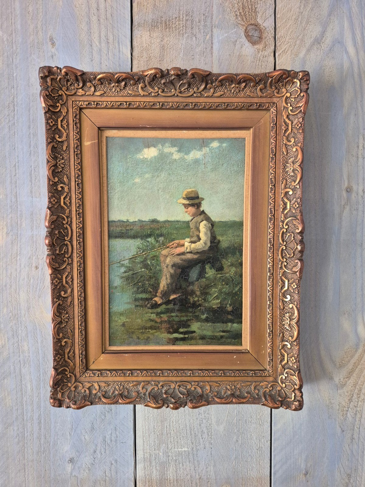 " Het vissertje " Paneeltje van P.J.C. Gabriel., Antiek en Kunst, Verzenden
