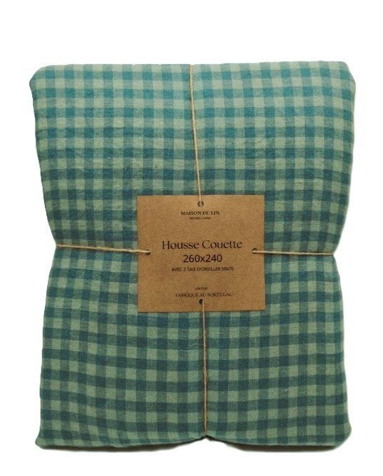 100% linnen dekbedovertrek 260x240 met slopen Ruitje, Blauw, Ademend, Ophalen of Verzenden, Linnen