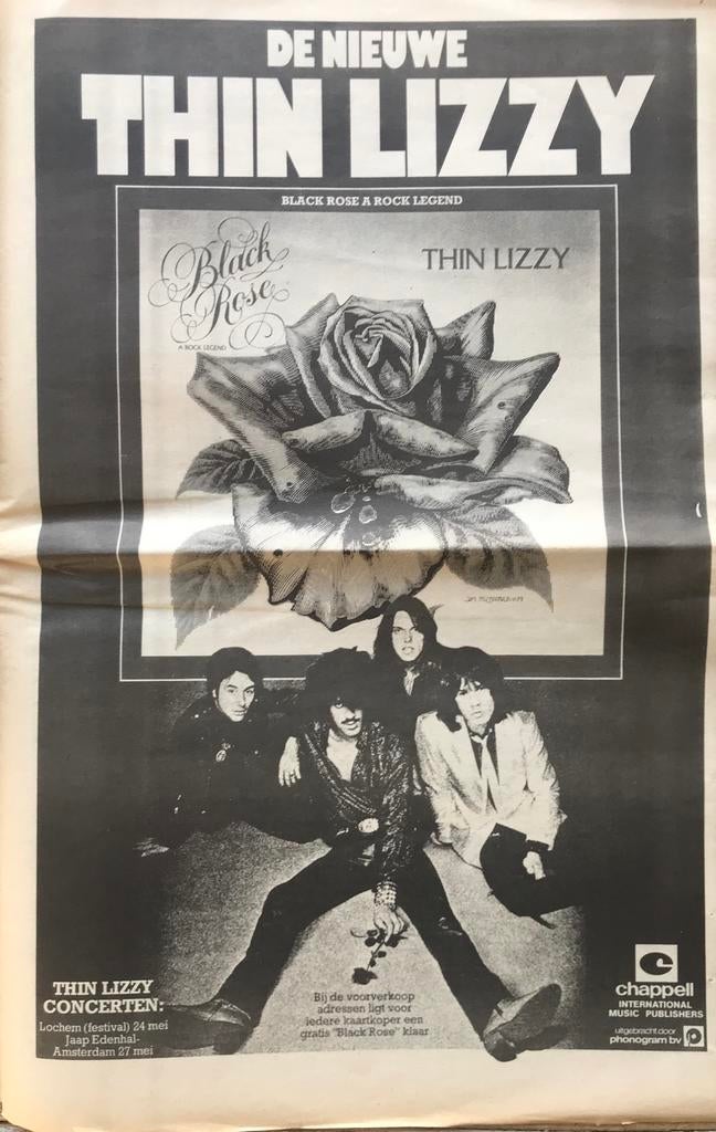 Paginagrote A3 advertentie THIN LIZZY Black Rose release, Cd's en Dvd's, Vinyl | Hardrock en Metal, Ophalen of Verzenden, Zo goed als nieuw