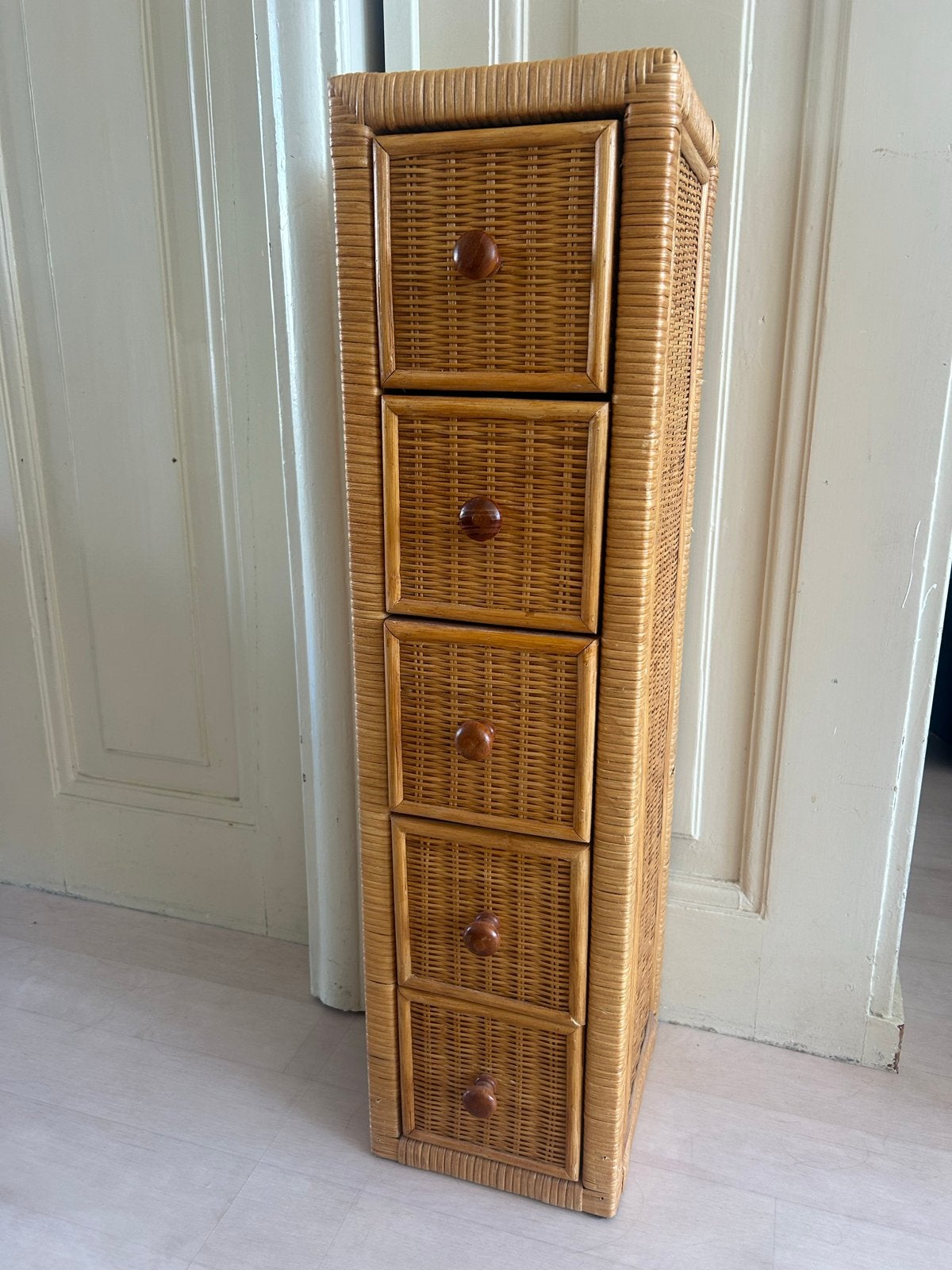 Vintage rotan ladekastje met 5 laden, Huis en Inrichting, Ophalen, Overige materialen, Minder dan 50 cm, Gebruikt
