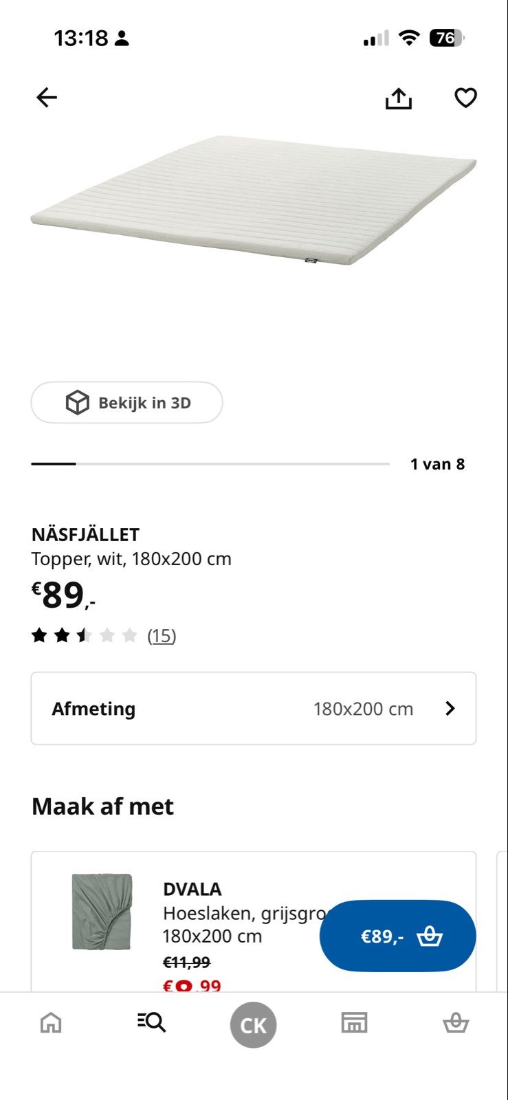 IKEA Nasfjället topper 180x200 - Gebruikt ( 2 stuks), Ophalen, Gebruikt, Tweepersoons, Matras
