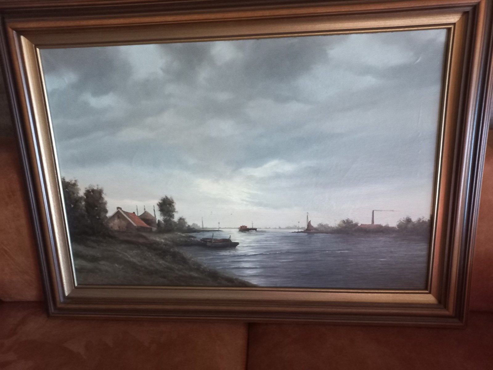 Groot Schilderij Willem Kroon - Rivierlandschap 130x80cm, Antiek en Kunst, Kunst | Schilderijen | Klassiek, Ophalen