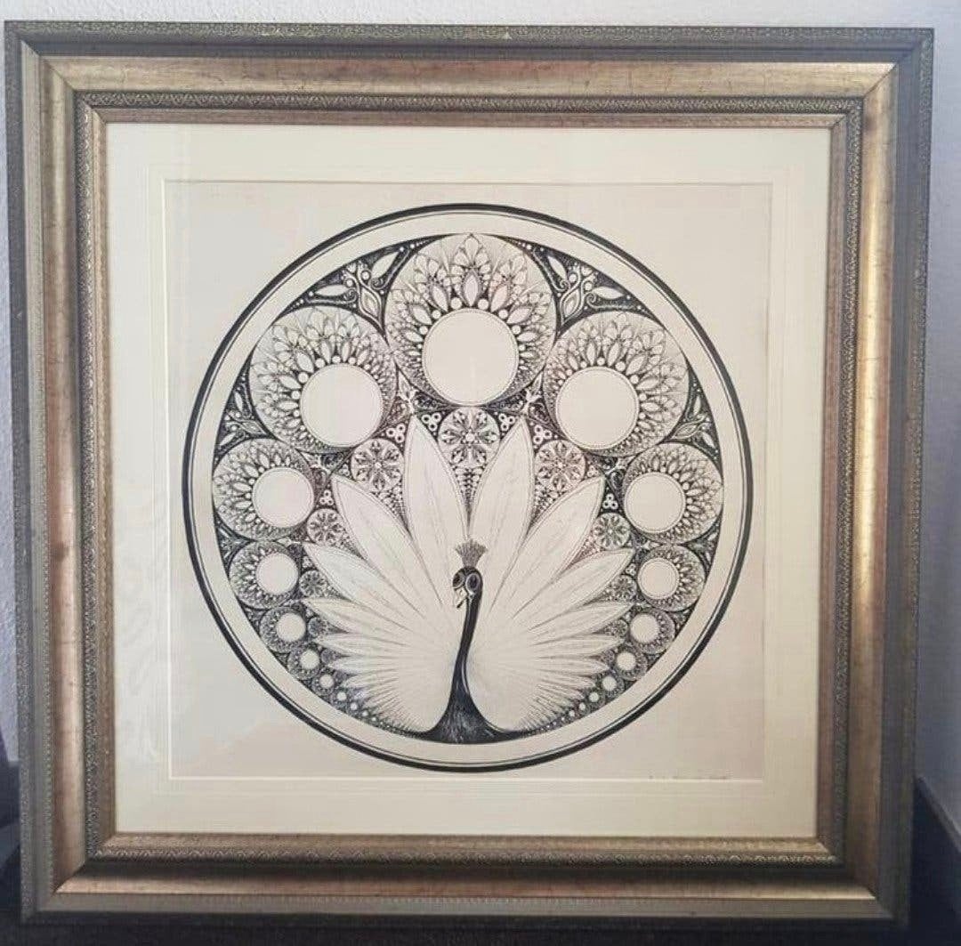 Een prachtige pen tekening van een pauw. Gemaakt door Sylvia, Ophalen of Verzenden, Ingelijst