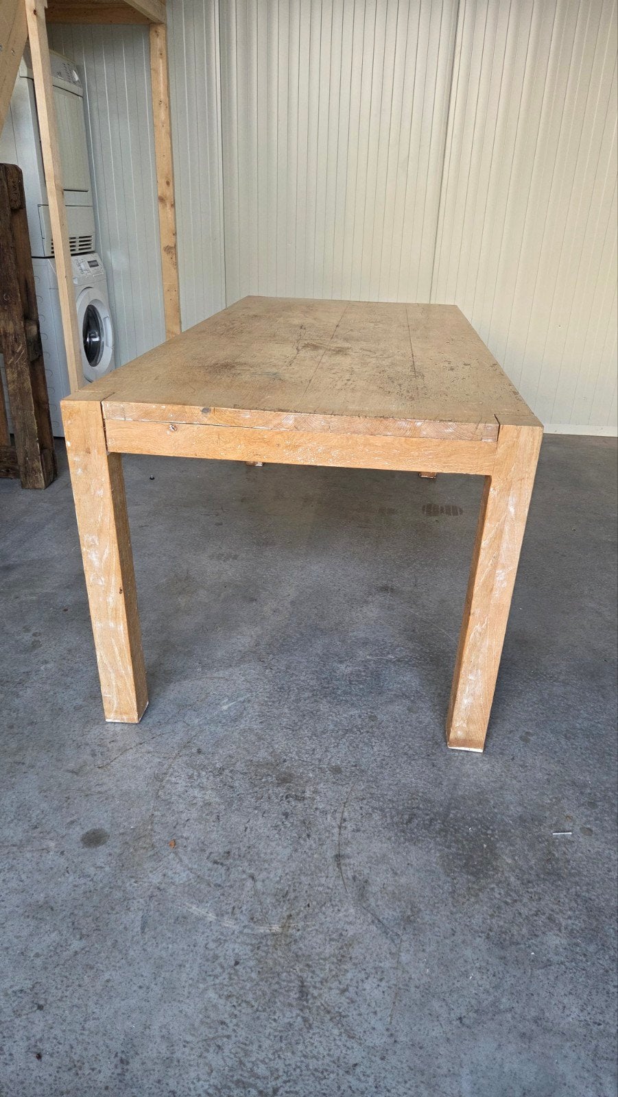 zware geleefde eiken eettafel 90 x 200, Ophalen, Gebruikt, Eikenhout, 50 tot 100 cm