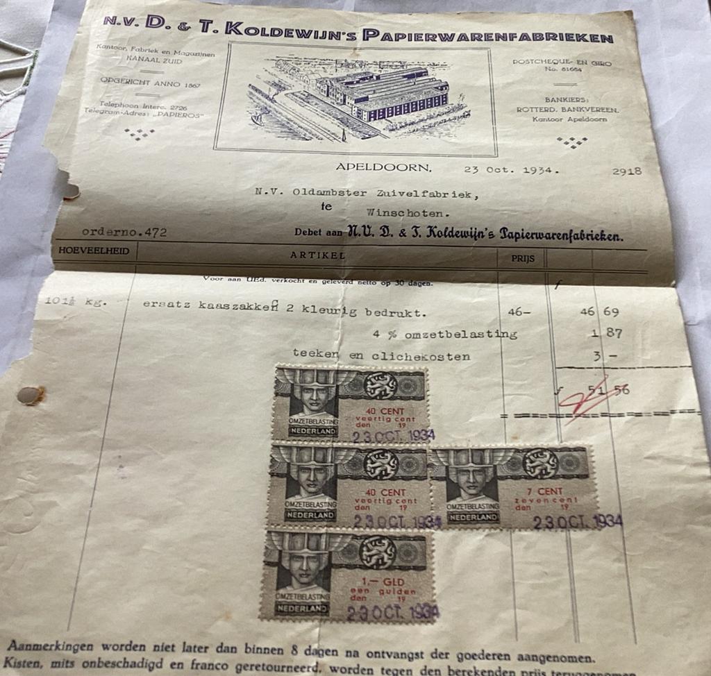 Oude rekening van firma Koldewijn Apeldoorn met zegels 1934, Verzamelen, Merken en Reclamevoorwerpen, Ophalen of Verzenden, Gebruikt