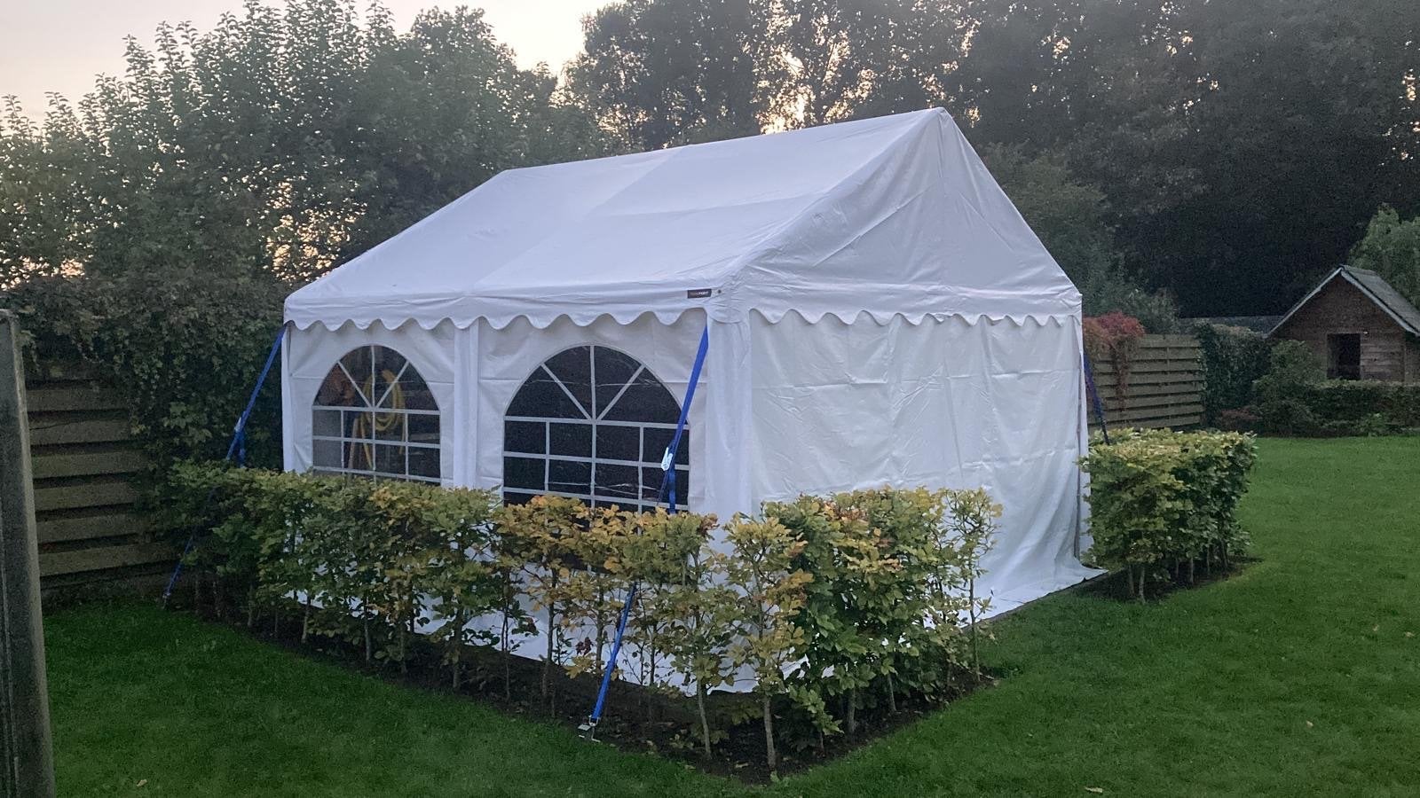 Partytent 4x4m met grondframe en PVC750 zeil, Tuin en Terras, Ophalen, Gebruikt, Partytent, Minder dan 5 meter