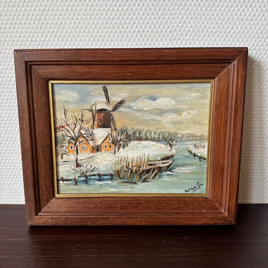 Schilderij Winter Landschap in Houten Lijst, Molen Zicht, Ophalen of Verzenden