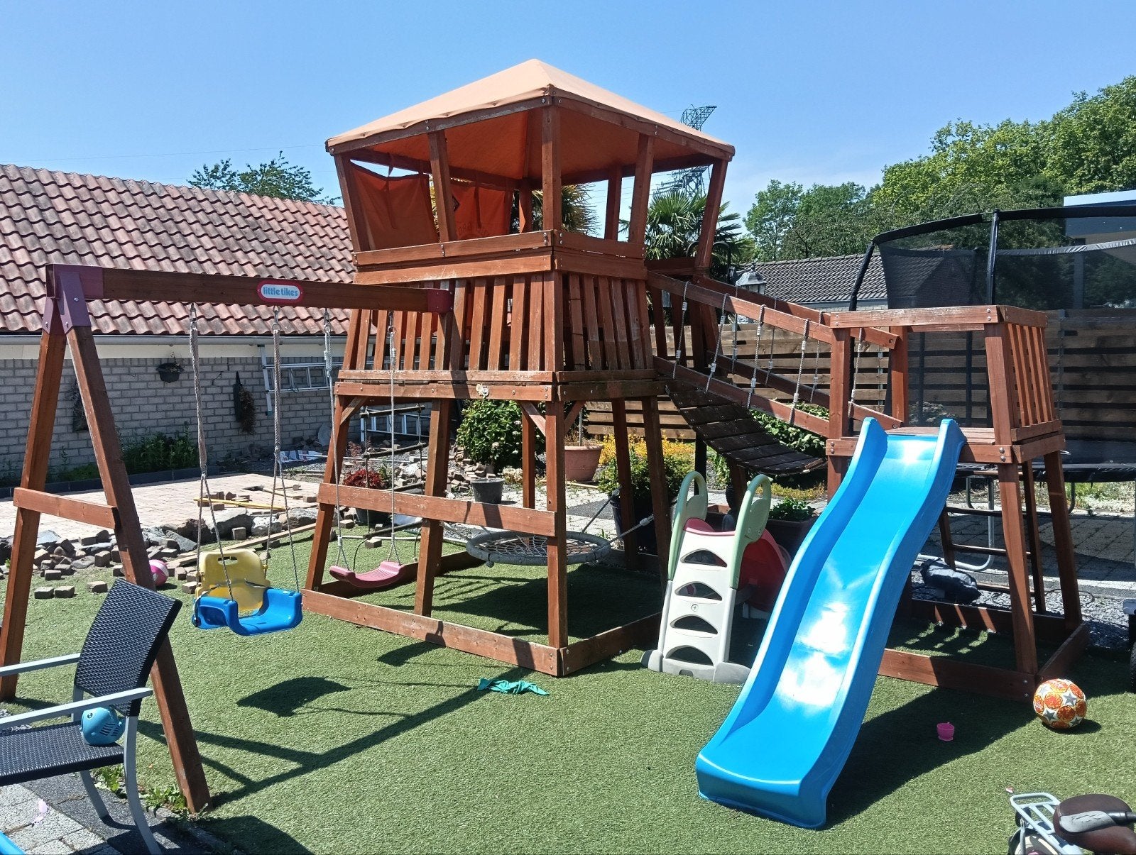 Houten speeltoestel met glijbaan en schommel, Ophalen, Gebruikt, Schommel